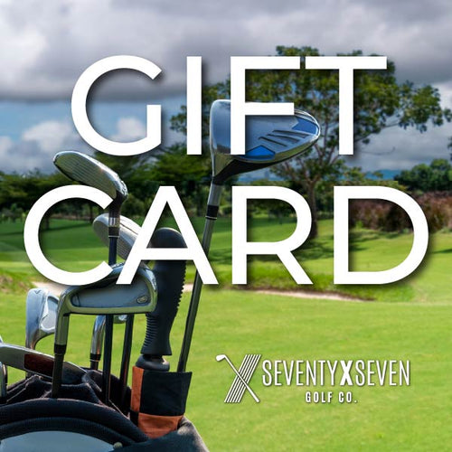 Golf bag filled with clubs on a sunny course, with large white text reading "GIFT CARD" and the SeventyXSeven Golf Co. logo in the lower right corner