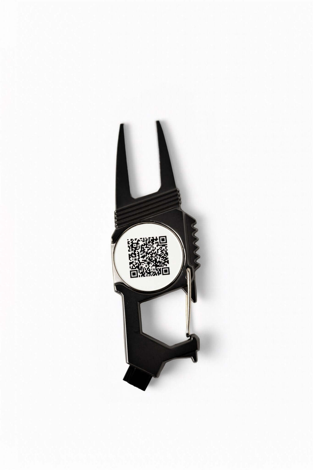 Black golf divot tool with magnetic ball marker featuring a scannable QR code for daily devotionals – The Greenkeeper by 70x7 Golf Co.