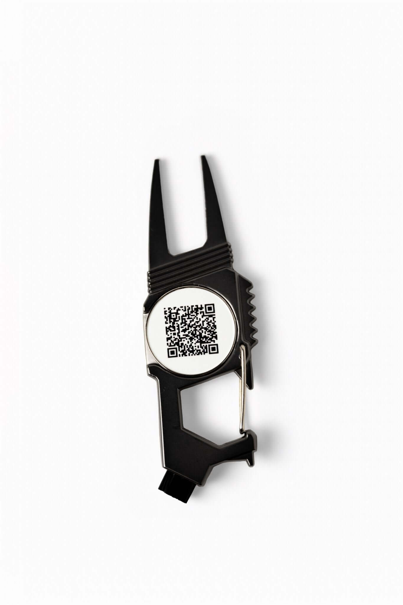 Black golf divot tool with magnetic ball marker featuring a scannable QR code for daily devotionals – The Greenkeeper by 70x7 Golf Co.