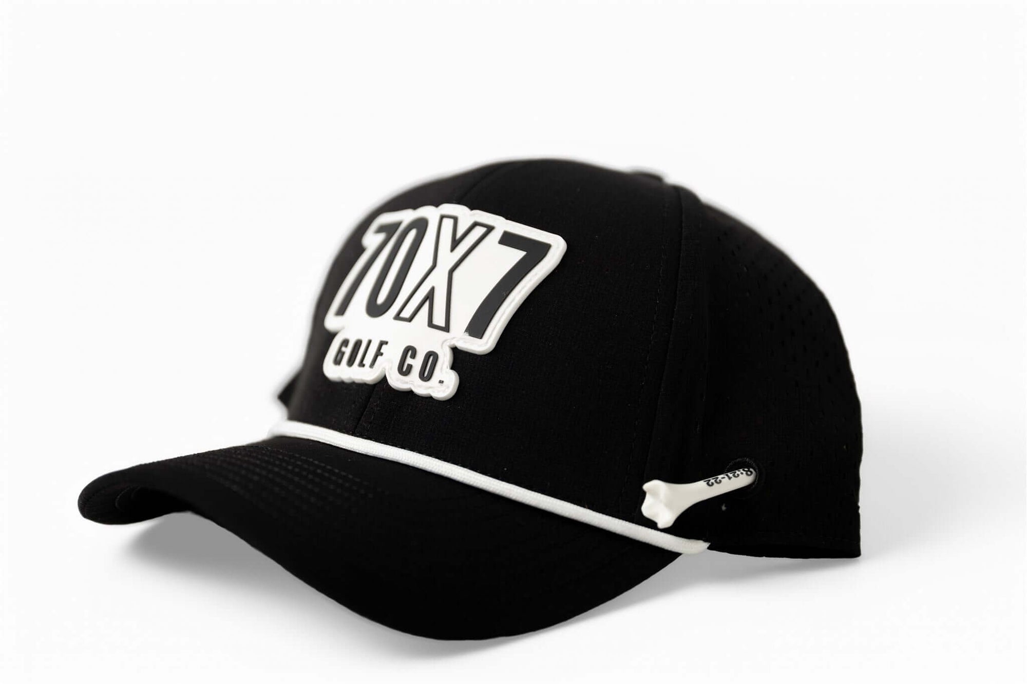left side Black 70x7 Golf Co. snapback hat with bold white embroidered logo and mesh back – The Comeback Lid by 70x7 Golf Co.