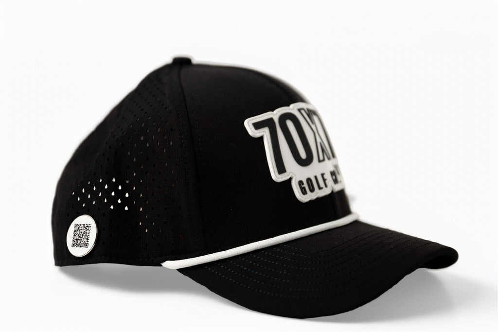 right side Black 70x7 Golf Co. snapback hat with bold white embroidered logo and mesh back – The Comeback Lid by 70x7 Golf Co.