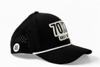 right side Black 70x7 Golf Co. snapback hat with bold white embroidered logo and mesh back – The Comeback Lid by 70x7 Golf Co.
