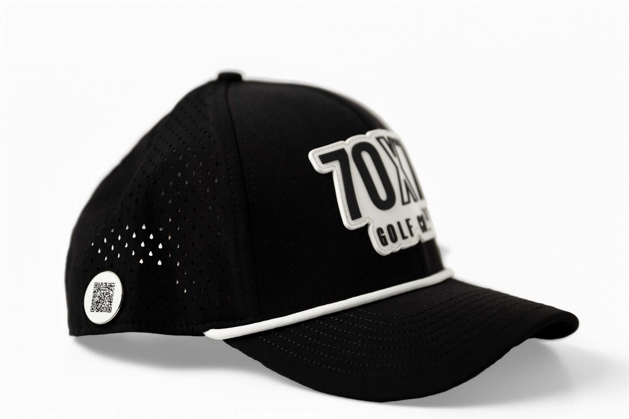right side Black 70x7 Golf Co. snapback hat with bold white embroidered logo and mesh back – The Comeback Lid by 70x7 Golf Co.