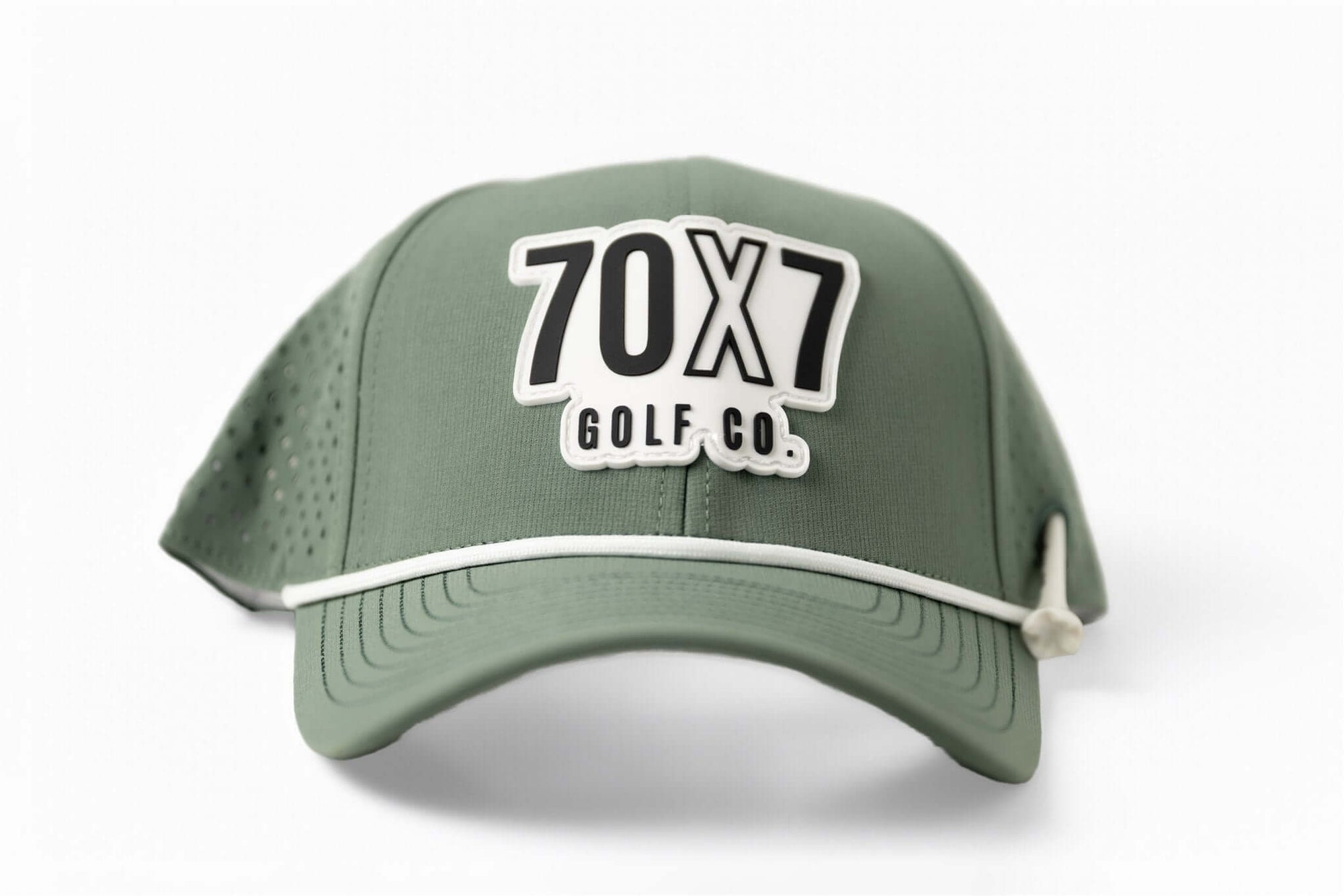 Sage green 70x7 Golf Co. snapback hat with bold white embroidered logo and mesh back – The Comeback Lid by 70x7 Golf Co.