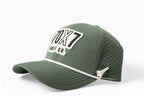 left side Sage green 70x7 Golf Co. snapback hat with bold white embroidered logo and mesh back – The Comeback Lid by 70x7 Golf Co.