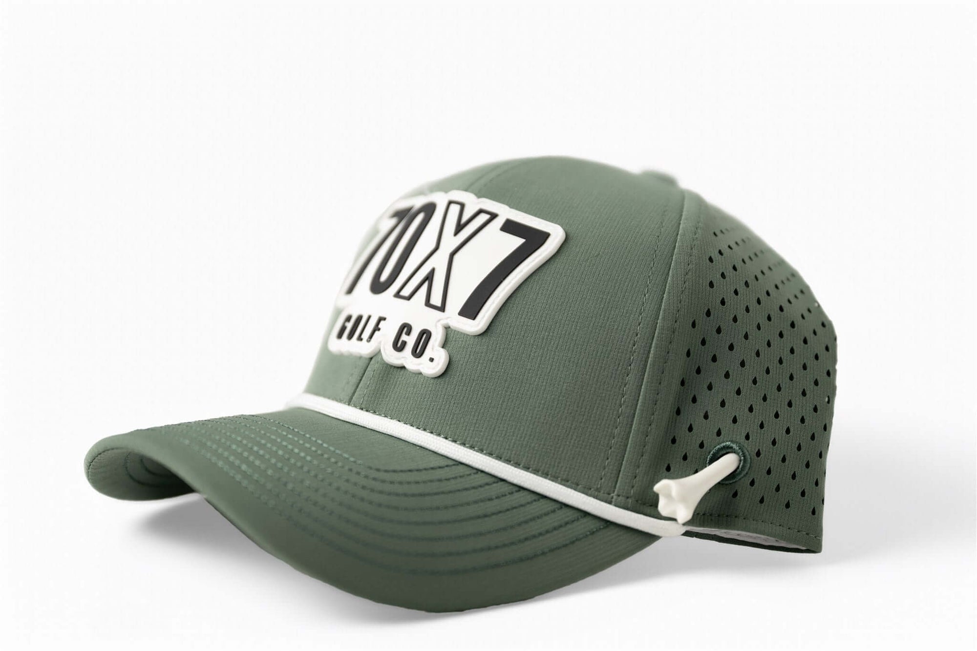 left side Sage green 70x7 Golf Co. snapback hat with bold white embroidered logo and mesh back – The Comeback Lid by 70x7 Golf Co.