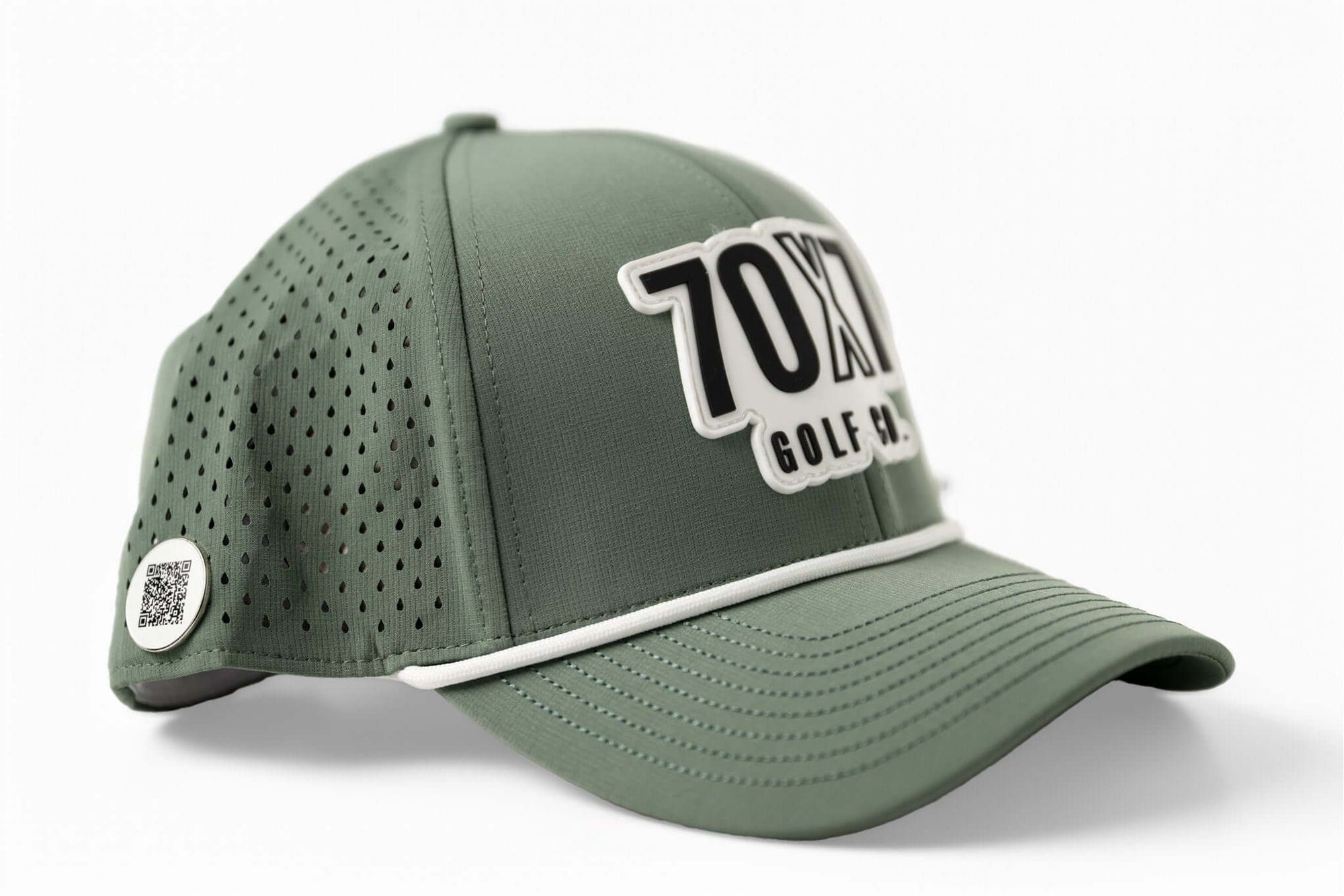 right side Sage green 70x7 Golf Co. snapback hat with bold white embroidered logo and mesh back – The Comeback Lid by 70x7 Golf Co.