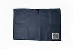 Reverse side of navy microfiber golf towel with built-in carabiner and signature QR code patch for daily devotionals – The Mullie Magnet by 70x7 Golf Co.