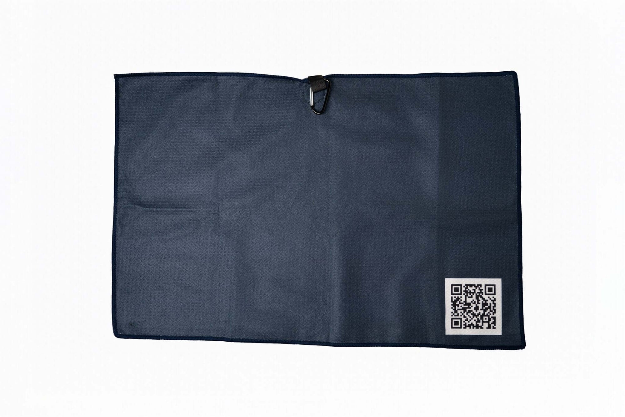 Reverse side of navy microfiber golf towel with built-in carabiner and signature QR code patch for daily devotionals – The Mullie Magnet by 70x7 Golf Co.