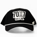 Black 70x7 Golf Co. snapback hat with bold white embroidered logo and mesh back – The Comeback Lid by 70x7 Golf Co.