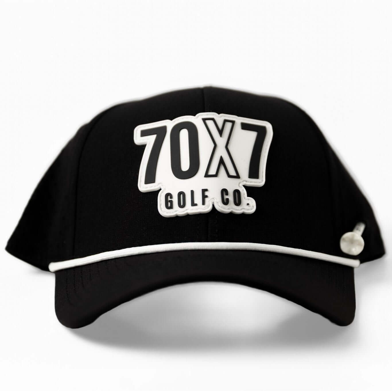 Black 70x7 Golf Co. snapback hat with bold white embroidered logo and mesh back – The Comeback Lid by 70x7 Golf Co.