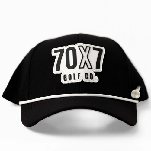 Black 70x7 Golf Co. snapback hat with bold white embroidered logo and mesh back – The Comeback Lid by 70x7 Golf Co.