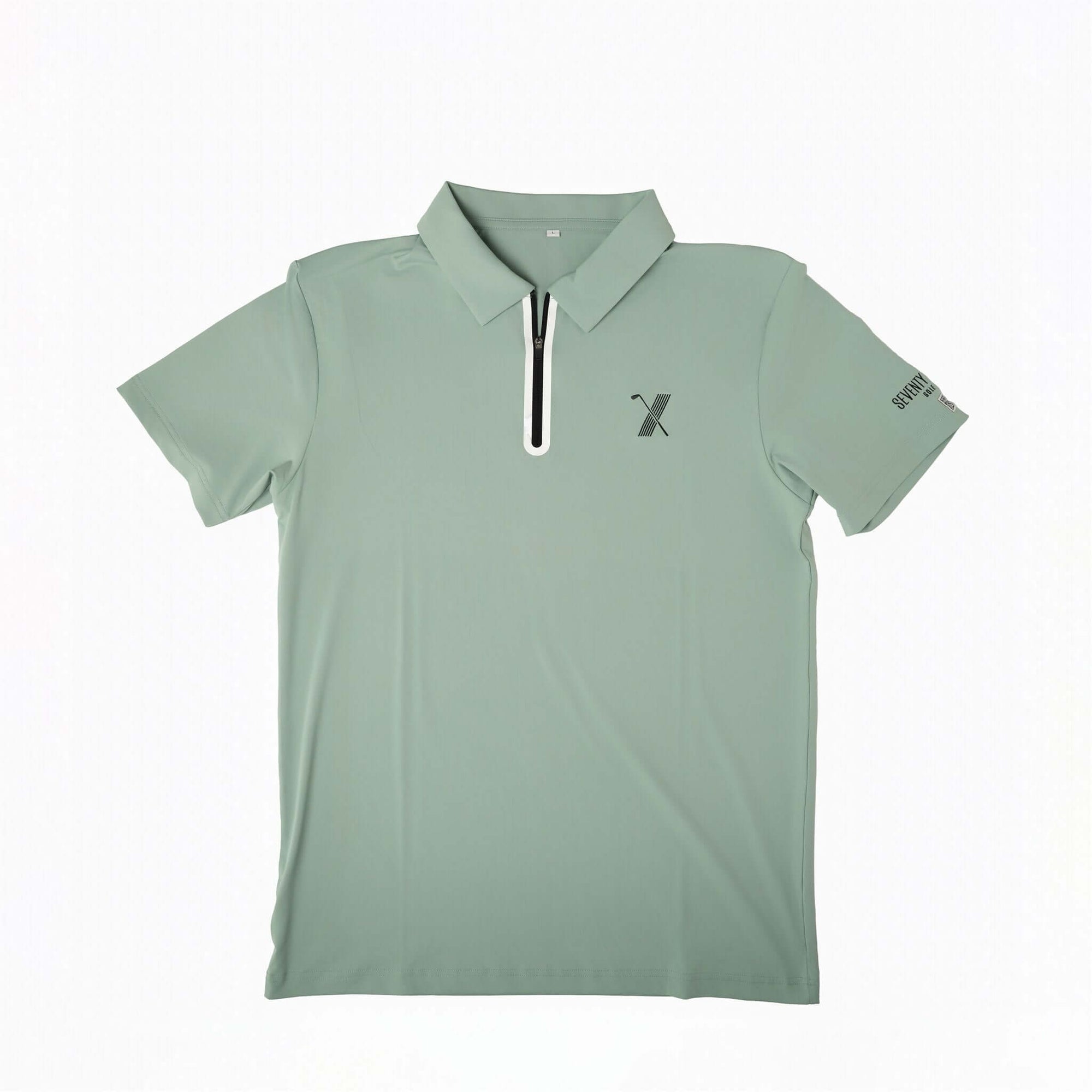 Light green Forgiveness golf polo shirt with classic collar, zippered placket, 70x7 Golf Co. logo on chest, and SEVENTYXSEVEN text on sleeve