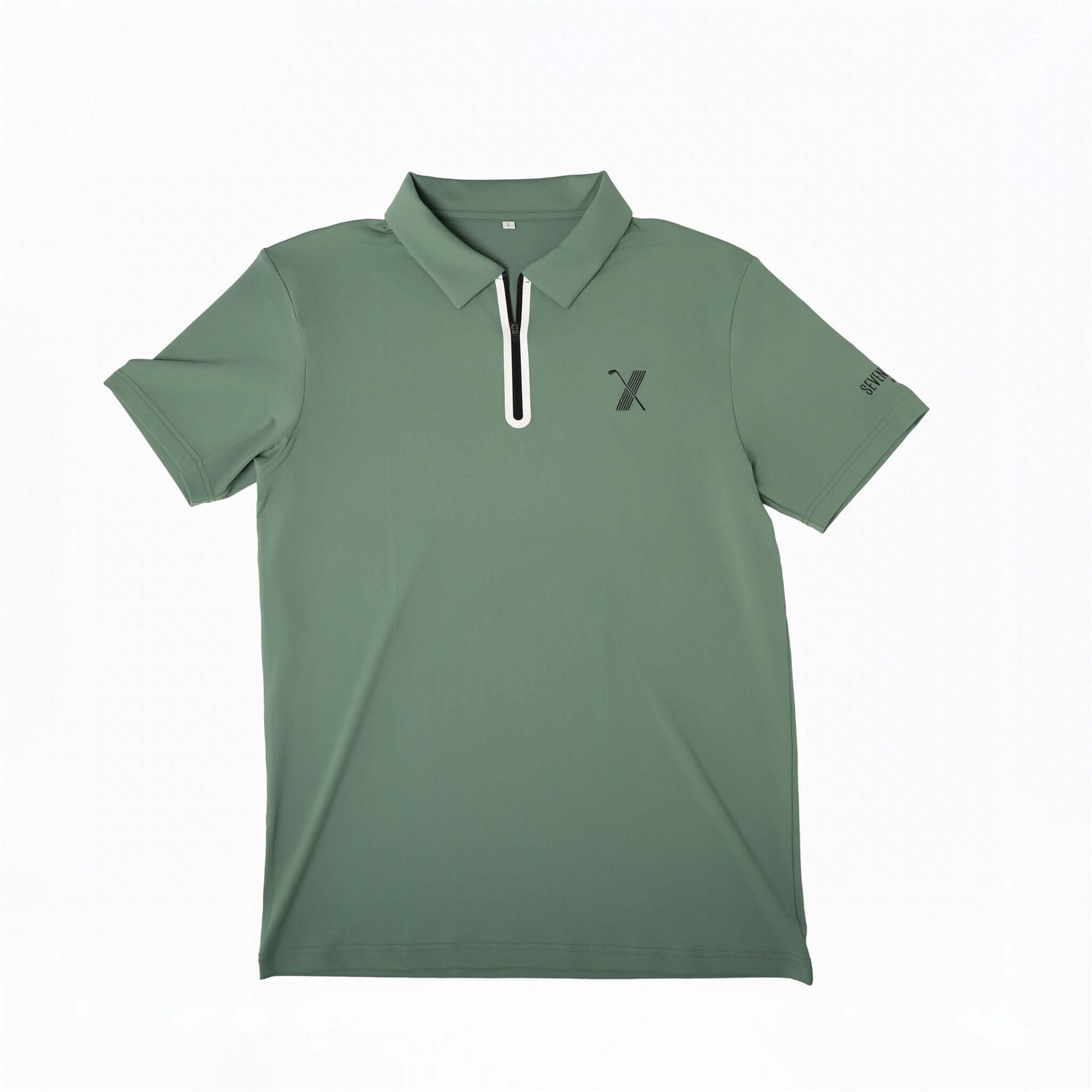 Green Forgiveness golf polo shirt with classic collar, zippered placket, 70x7 Golf Co. logo on chest, and SEVENTYXSEVEN text on sleeve