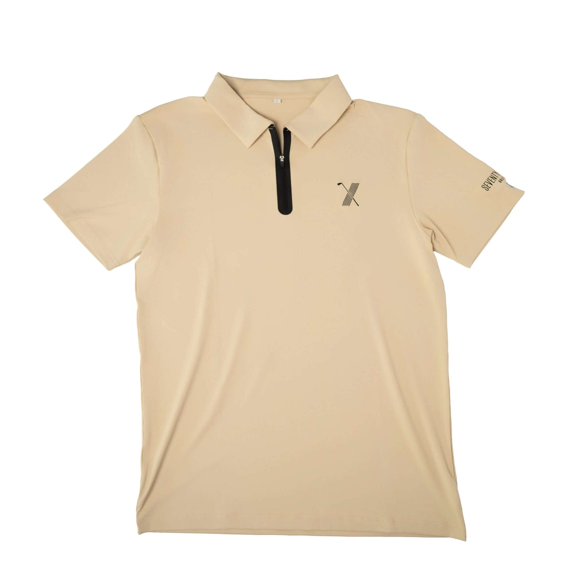 Beige Forgiveness golf polo shirt with classic collar, zippered placket, 70x7 Golf Co. logo on chest, and SEVENTYXSEVEN text on sleeve
