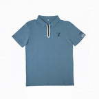 Blue Forgiveness golf polo shirt with classic collar, zippered placket, 70x7 Golf Co. logo on chest, and SEVENTYXSEVEN text on sleeve