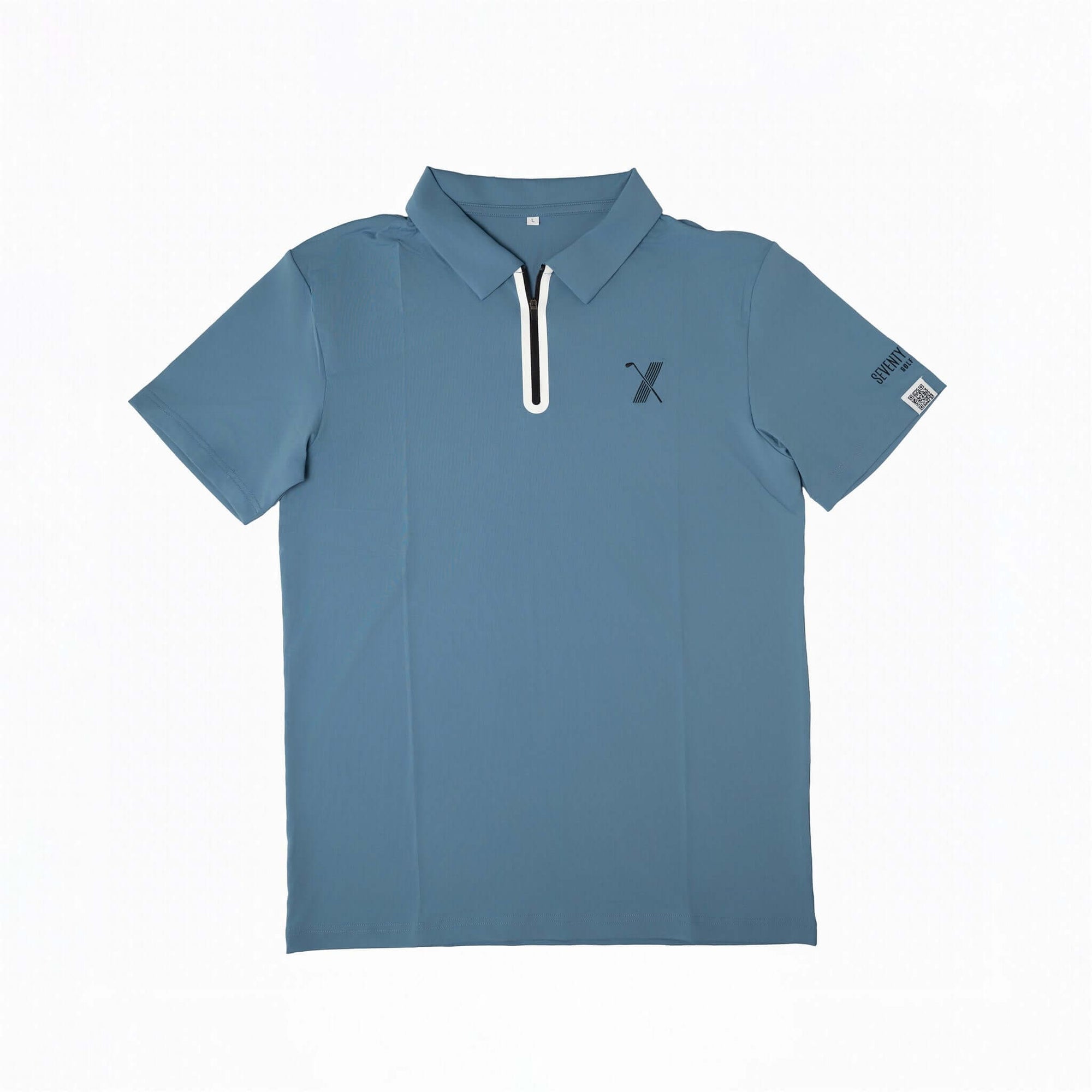 Blue Forgiveness golf polo shirt with classic collar, zippered placket, 70x7 Golf Co. logo on chest, and SEVENTYXSEVEN text on sleeve