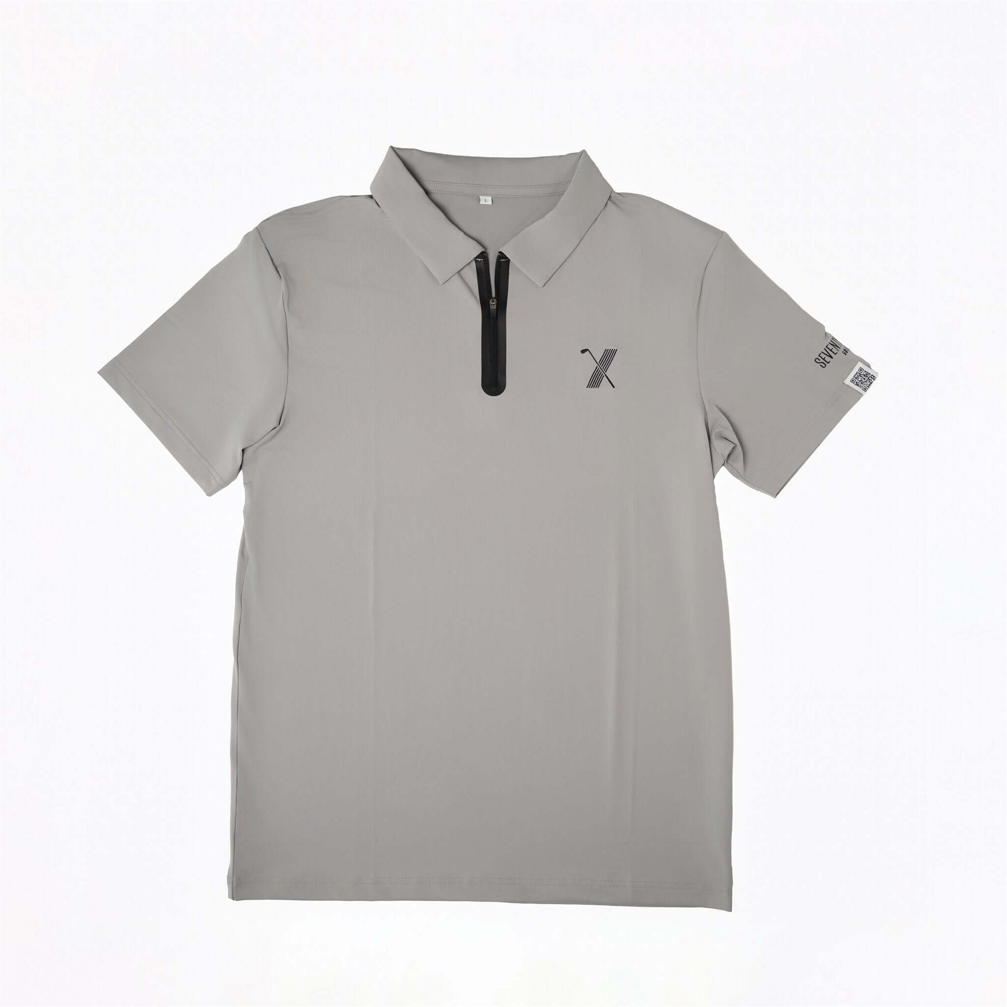 Gray Forgiveness golf polo shirt with classic collar, zippered placket, 70x7 Golf Co. logo on chest, and SEVENTYXSEVEN text on sleeve