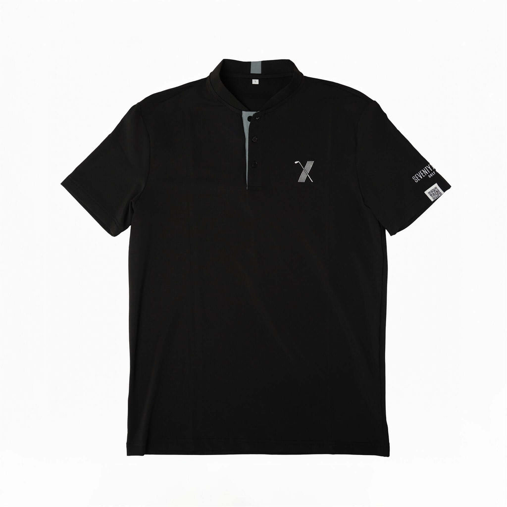 Black short-sleeve golf polo with modern mock-neck collar, 70x7 Golf Co. logo on chest, and scripture QR code patch on sleeve – The Disciple Polo