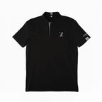 Black short-sleeve golf polo with modern mock-neck collar, 70x7 Golf Co. logo on chest, and scripture QR code patch on sleeve – The Disciple Polo