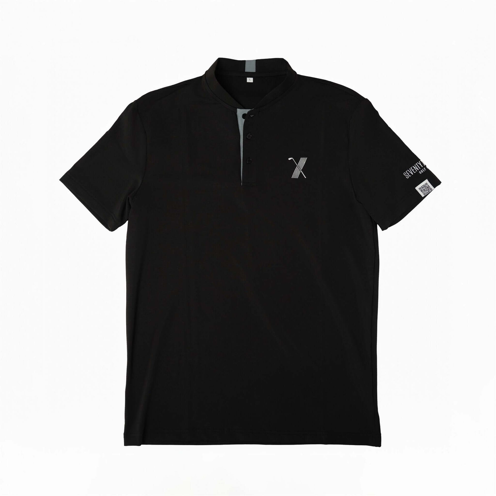 Black short-sleeve golf polo with modern mock-neck collar, 70x7 Golf Co. logo on chest, and scripture QR code patch on sleeve – The Disciple Polo