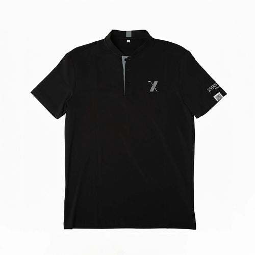 Black short-sleeve golf polo with modern mock-neck collar, 70x7 Golf Co. logo on chest, and scripture QR code patch on sleeve – The Disciple Polo