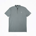 Gray short-sleeve golf polo with modern mock-neck collar, 70x7 Golf Co. logo on chest, and scripture QR code patch on sleeve – The Disciple Polo