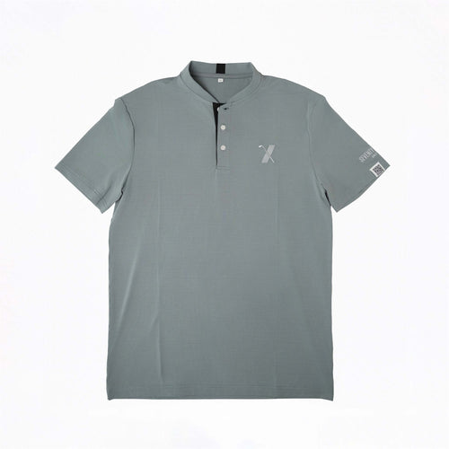 Gray short-sleeve golf polo with modern mock-neck collar, 70x7 Golf Co. logo on chest, and scripture QR code patch on sleeve – The Disciple Polo